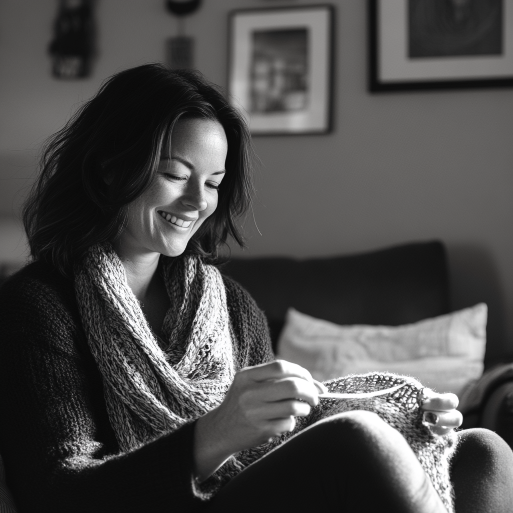 A woman knitting a scarf | Source: Midjourney