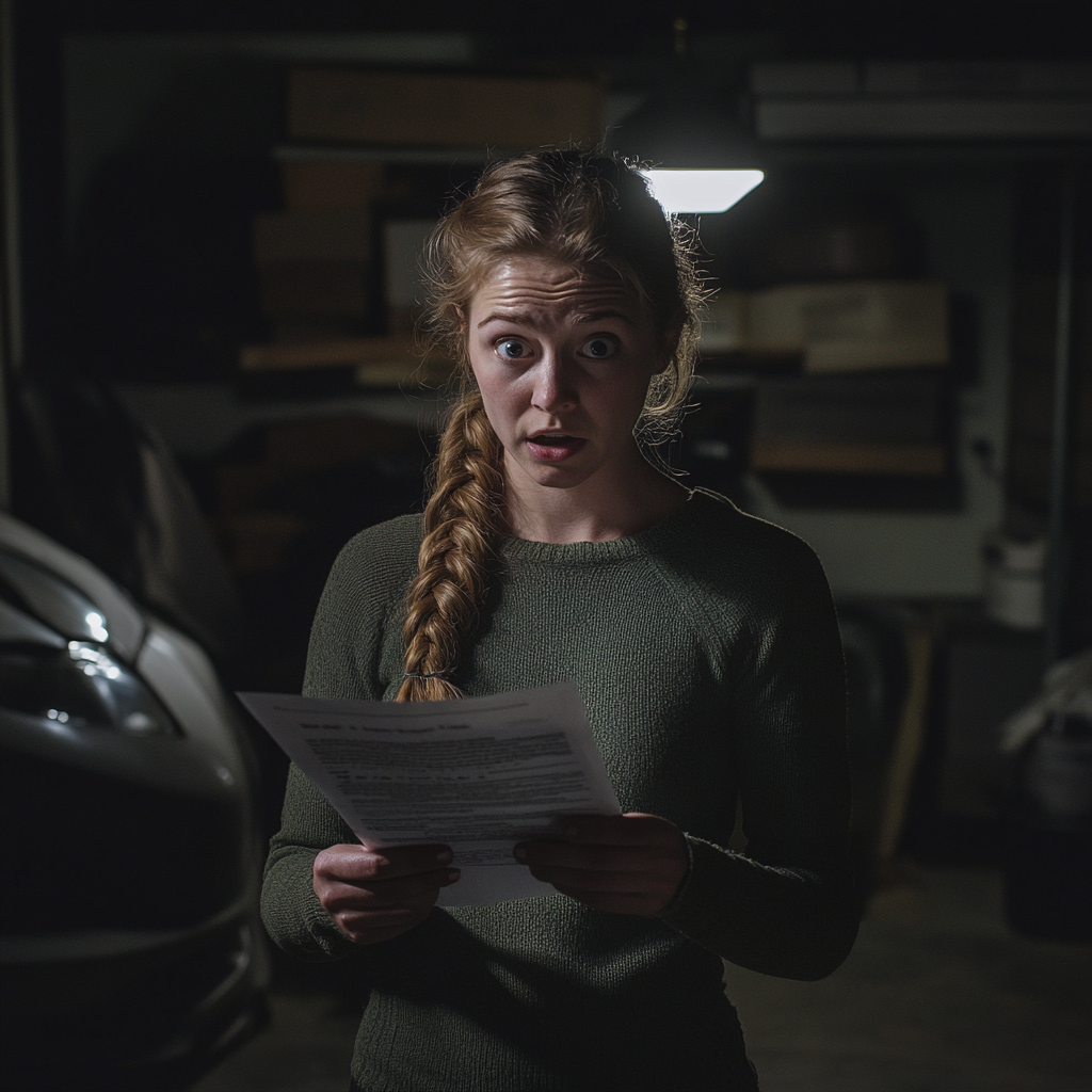 A woman reading a document in a garage | Source: Midjourney