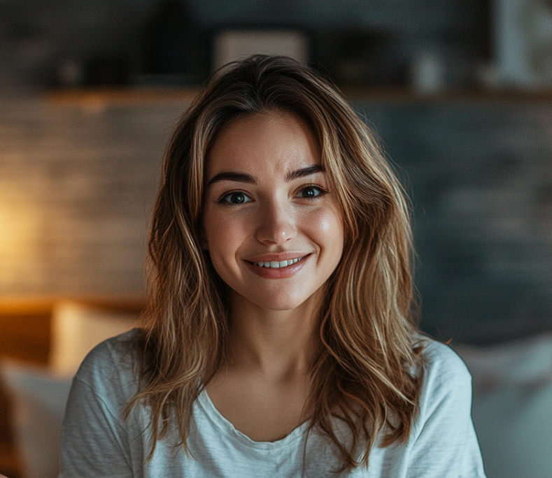 Une femme souriante dans sa chambre | Source : Midjourney