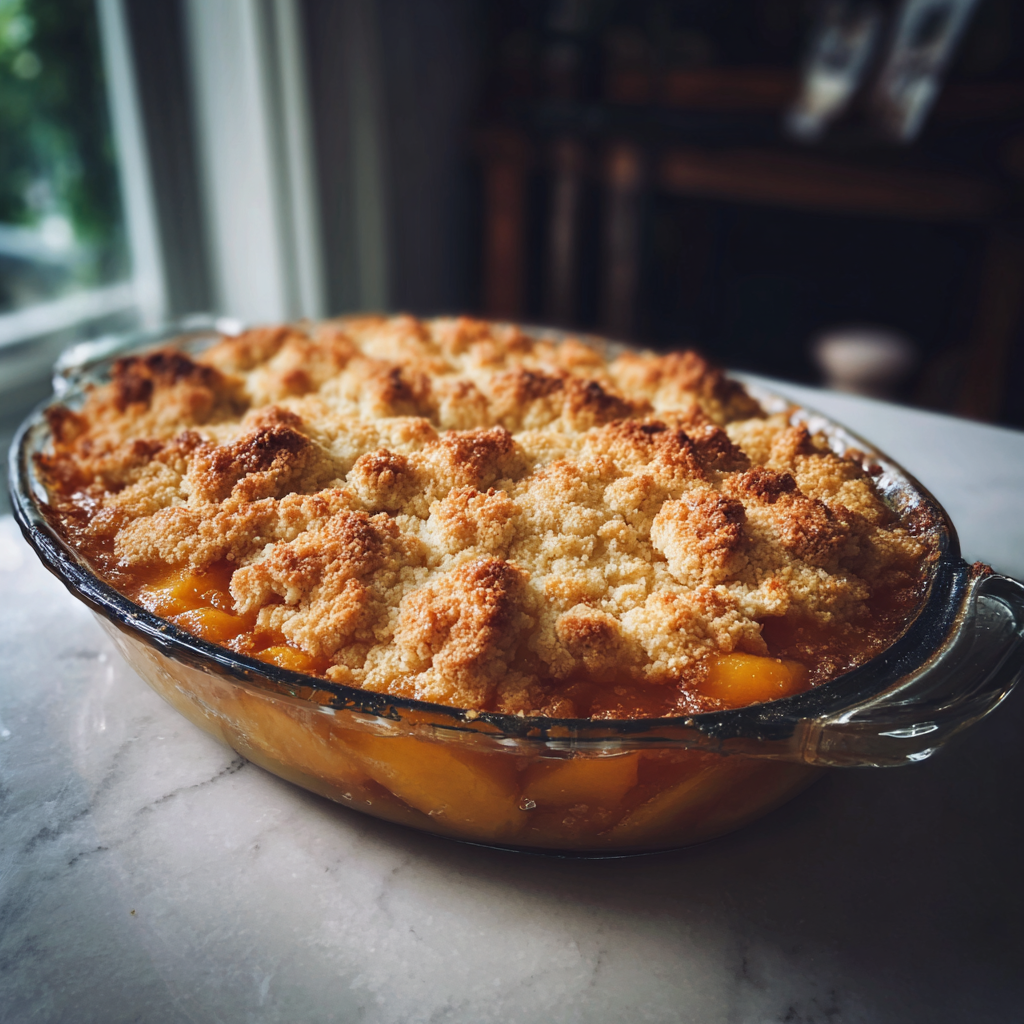 A peach cobbler on a kitchen counter | Source: Midjourney
