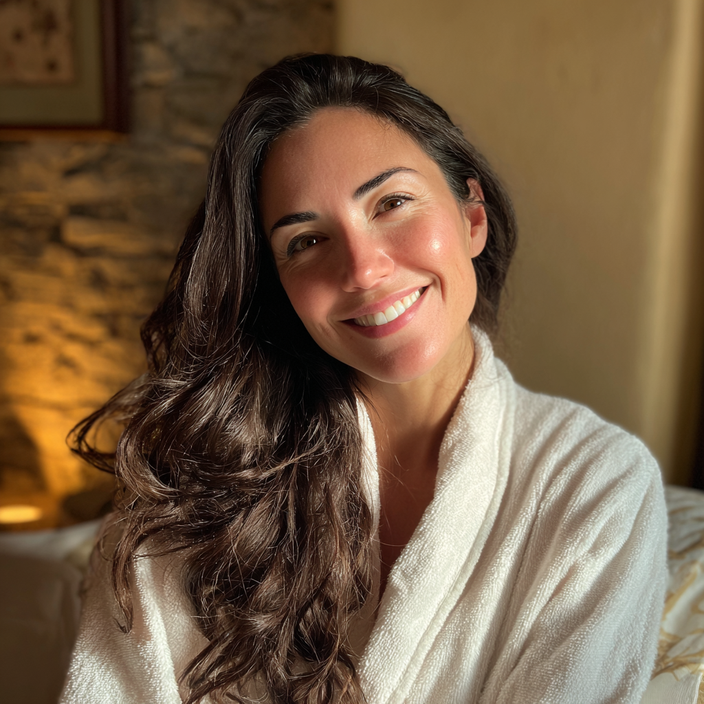 A smiling woman wearing a white robe | Source: Midjourney