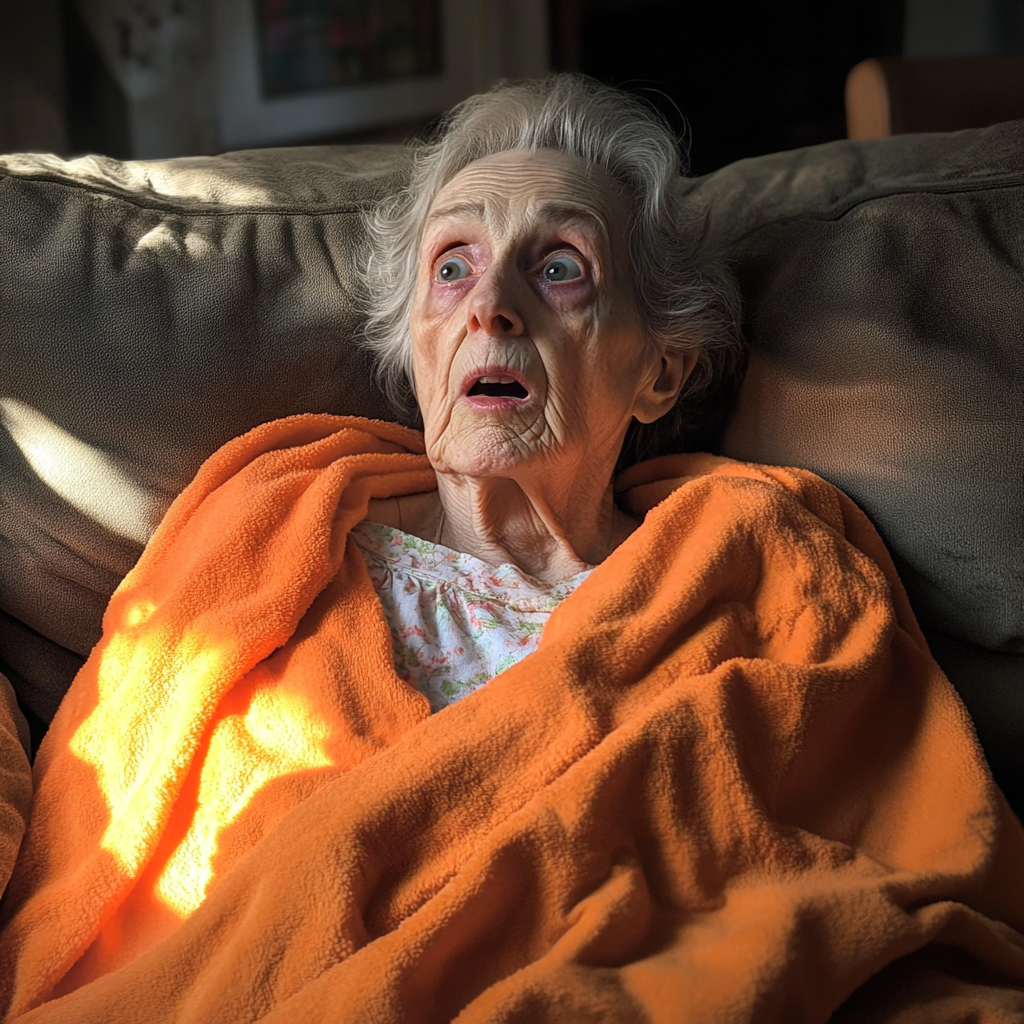 A surprised old woman wrapped in an orange blanket | Source: Midjourney