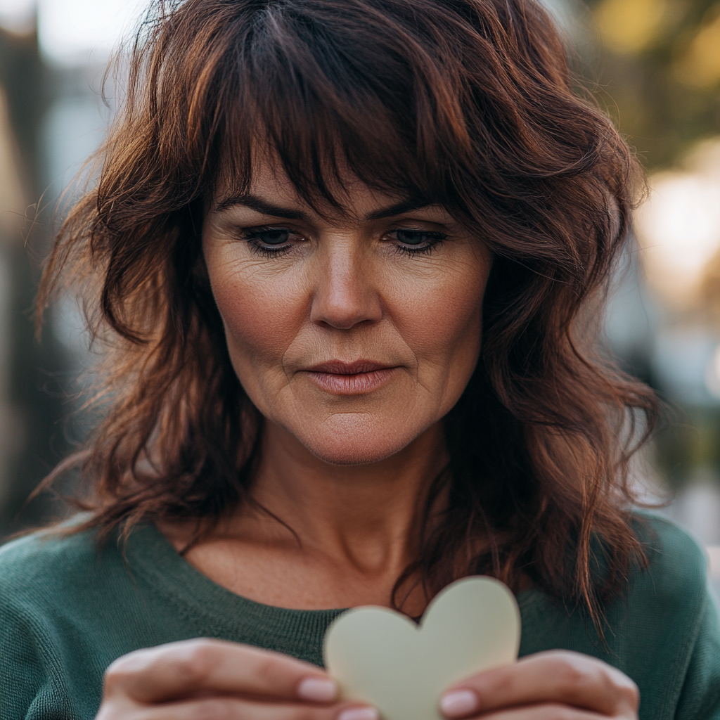 A woman holding a paper heart | Source: Midjourney