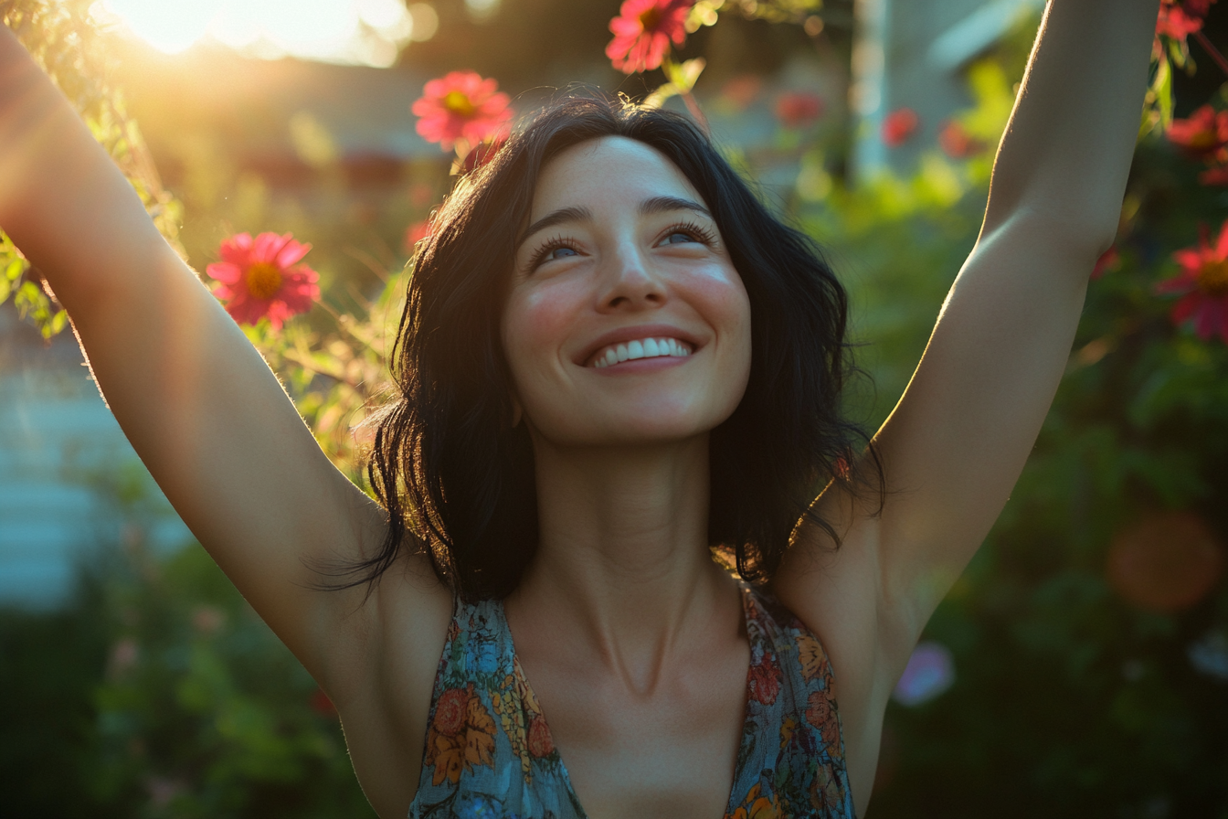 A happy woman with her arms up in a garden | Source: Midjourney