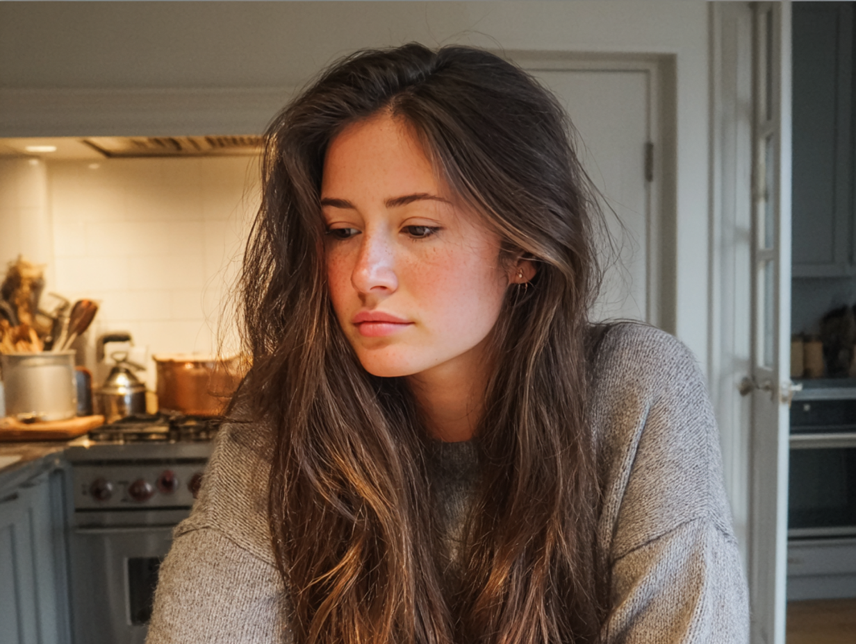 A woman sitting at a kitchen table | Source: Midjourney