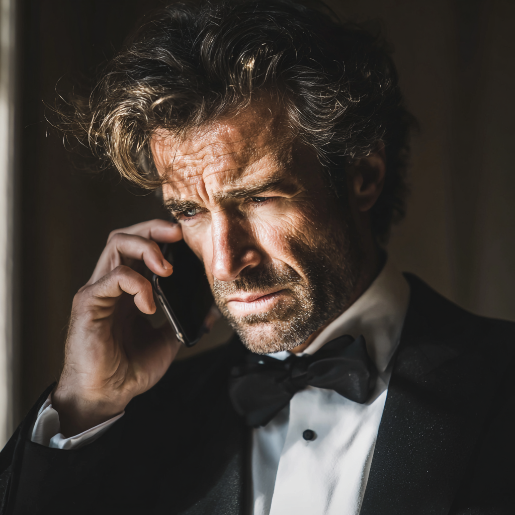 A frowning man talking on a phone | Source: Midjourney