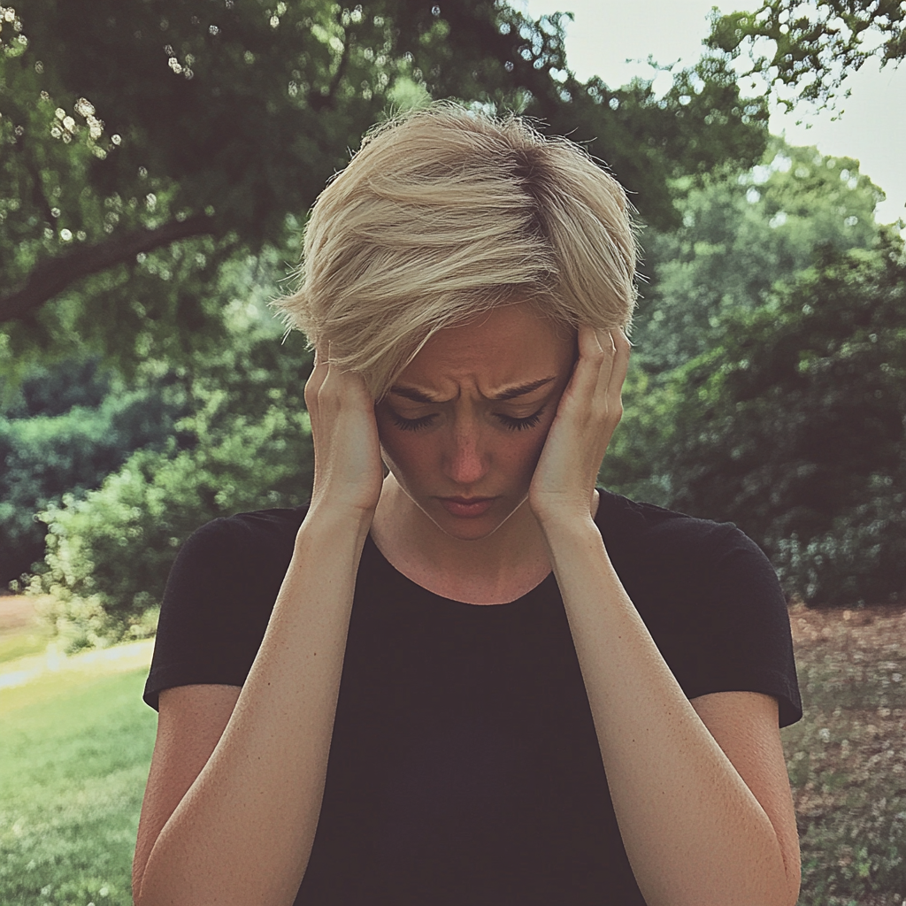 A woman holding her head | Source: Midjourney