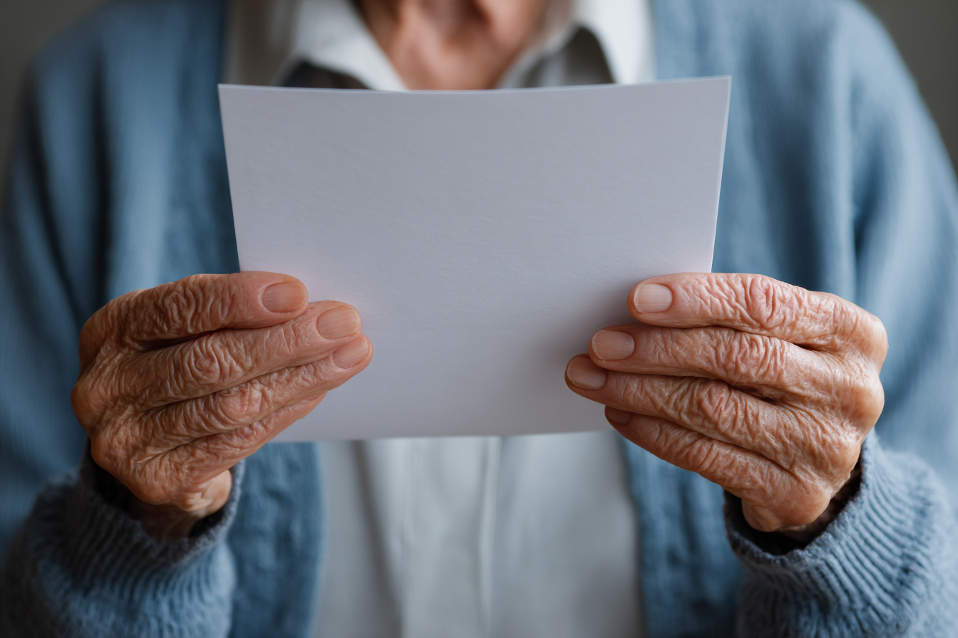 An elderly woman holding a piece of paper | Source: Midjourney