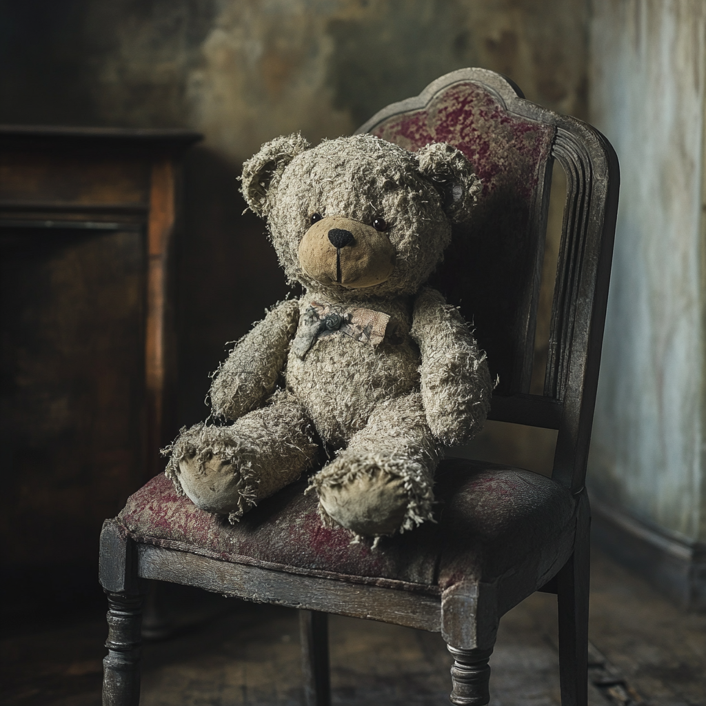 A shabby teddy bear propped on a dining chair | Source: Midjourney