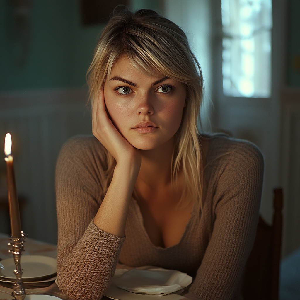 A serious woman seated at a dinner table | Source: Midjourney