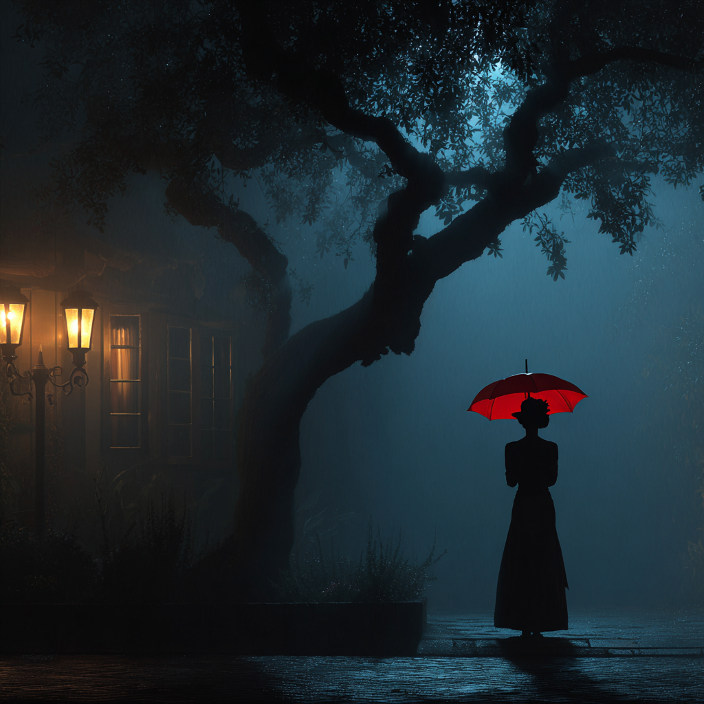 Silhouette of a woman holding a red umbrella and standing under a tree at night | Source: Midjourney