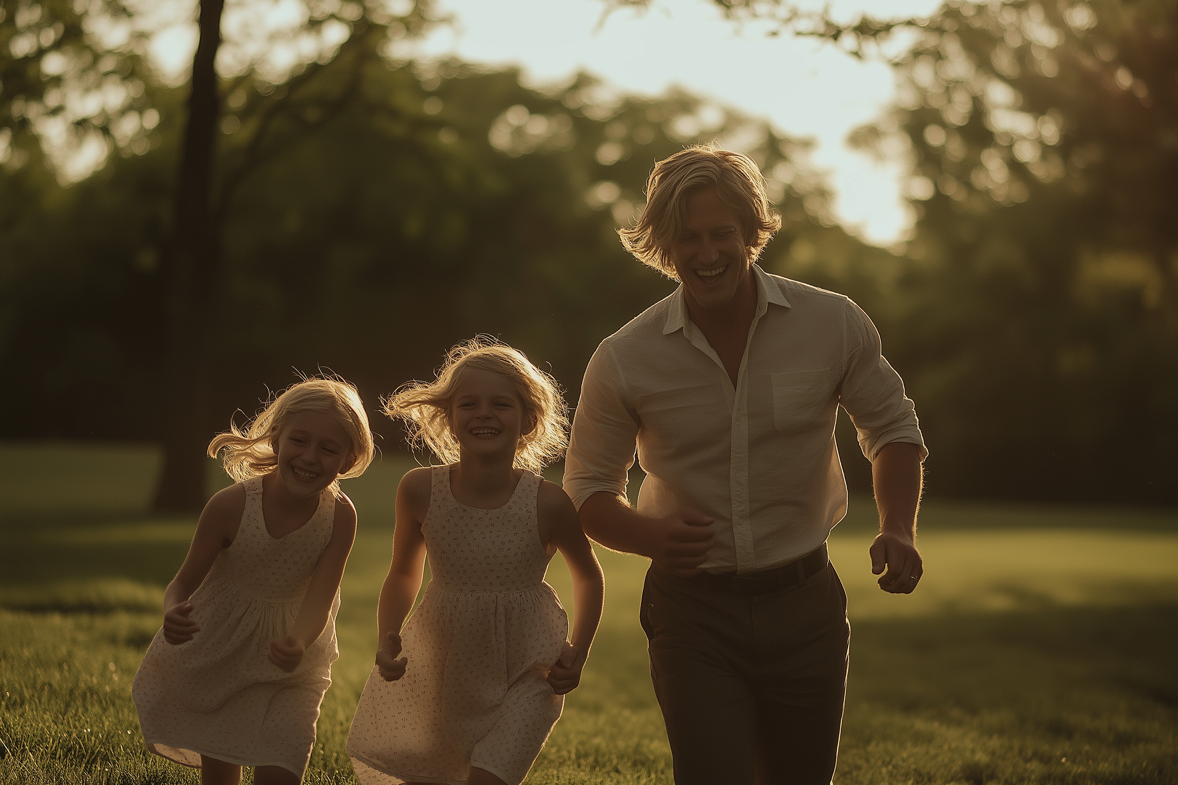 A happy blonde man in his 30s running in the park with his twin daughters | Source: Midjourney