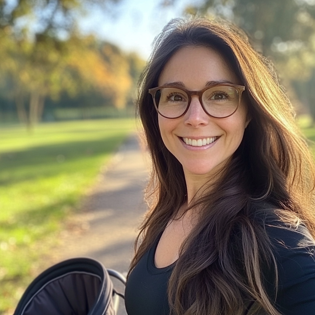 A smiling woman in a park | Source: Midjourney