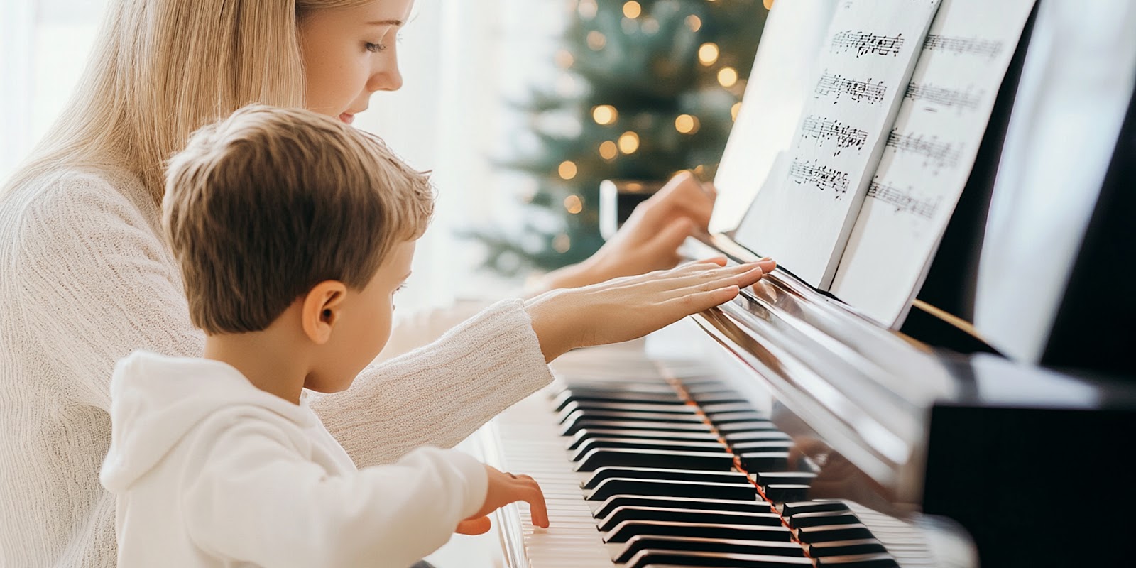 Teacher guiding young boy at piano | Source: Midjourney