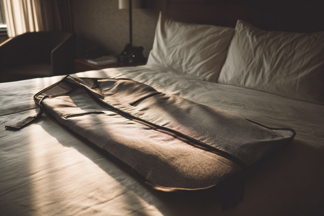 A garment bag lying on a bed | Source: Midjourney