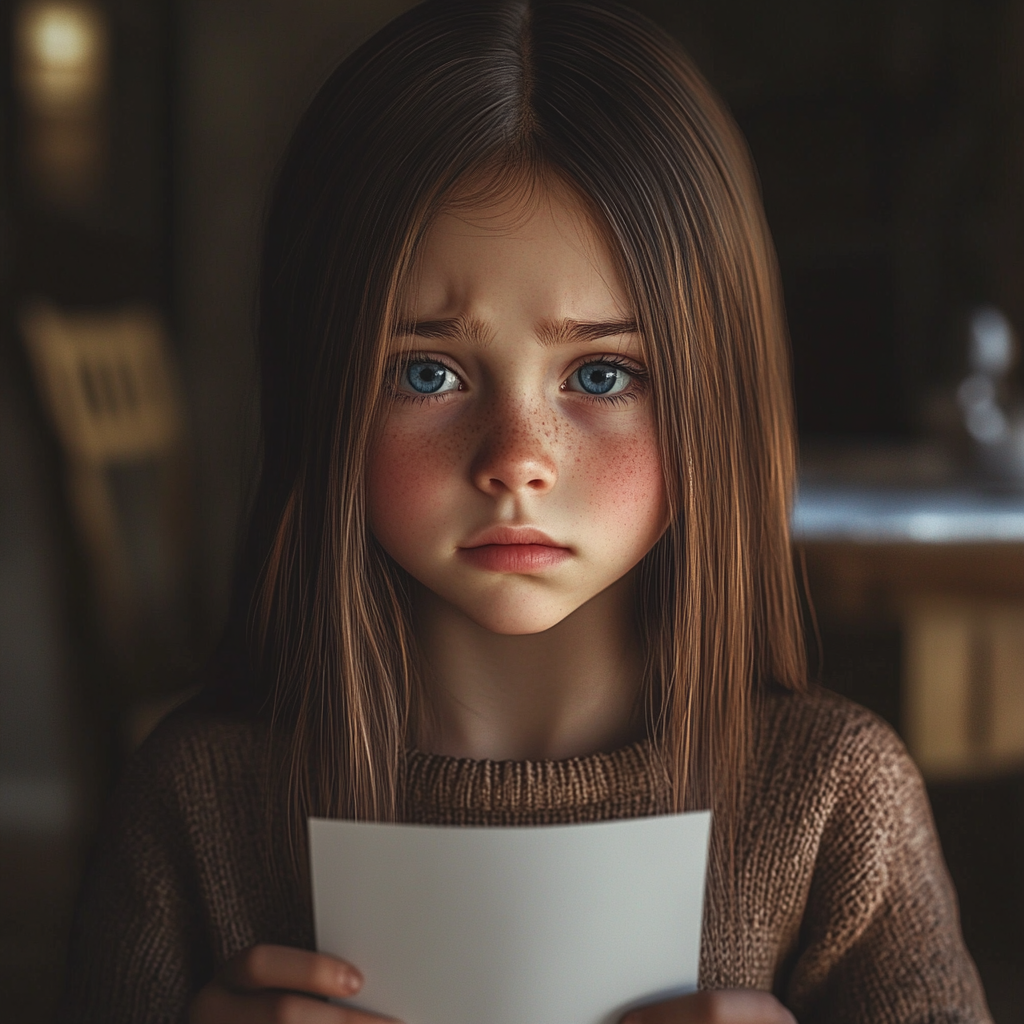 A desperate little girl holding a sheet of paper | Source: Midjourney