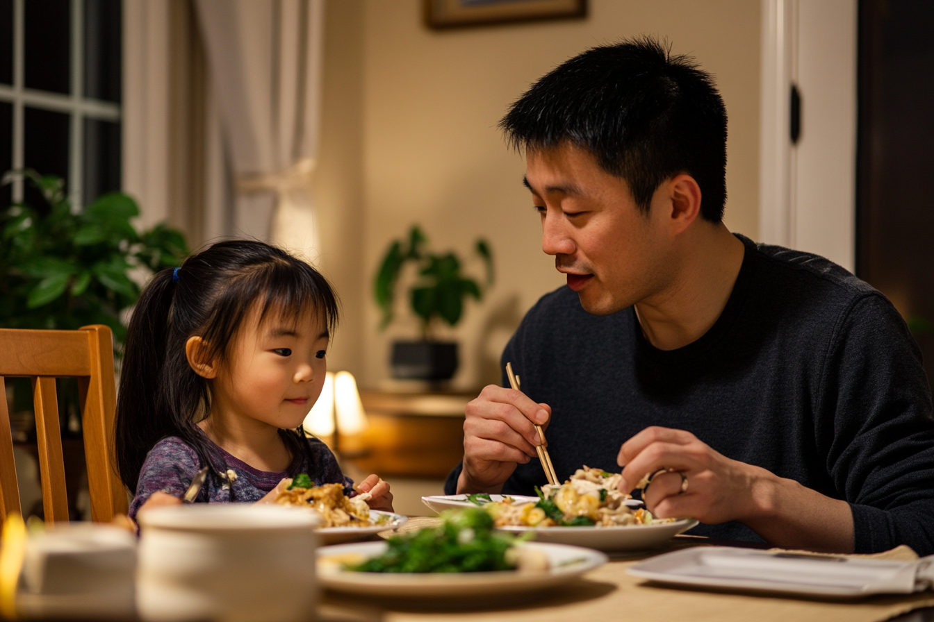 A man and his daughter eating dinner | Source: Midjourney