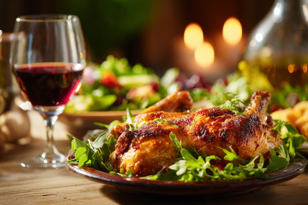 Roasted chicken and wine served on a dinner table | Source: Midjourney