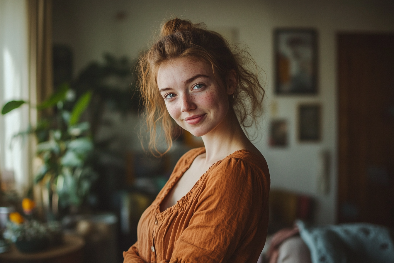 A smiling woman standing in a living room | Source: Midjourney