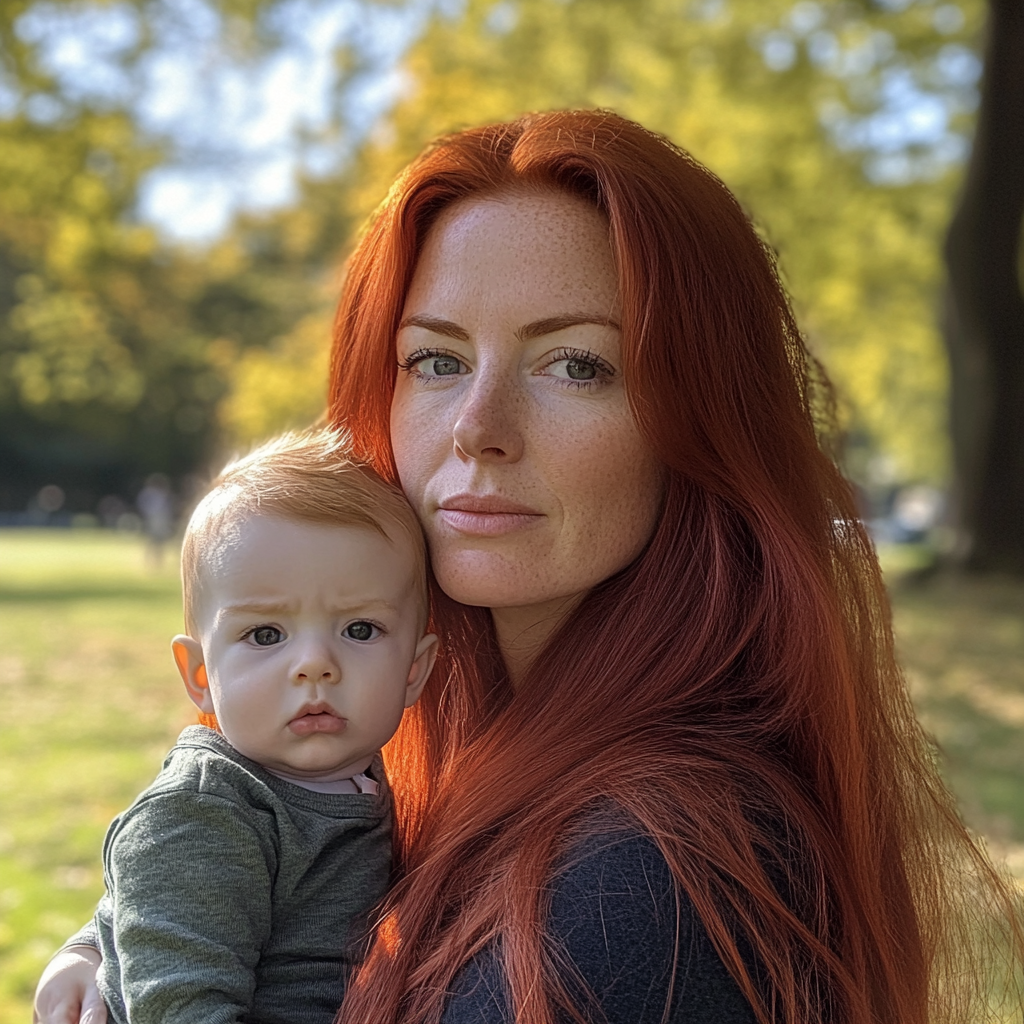 A woman holding her baby | Source: Midjourney