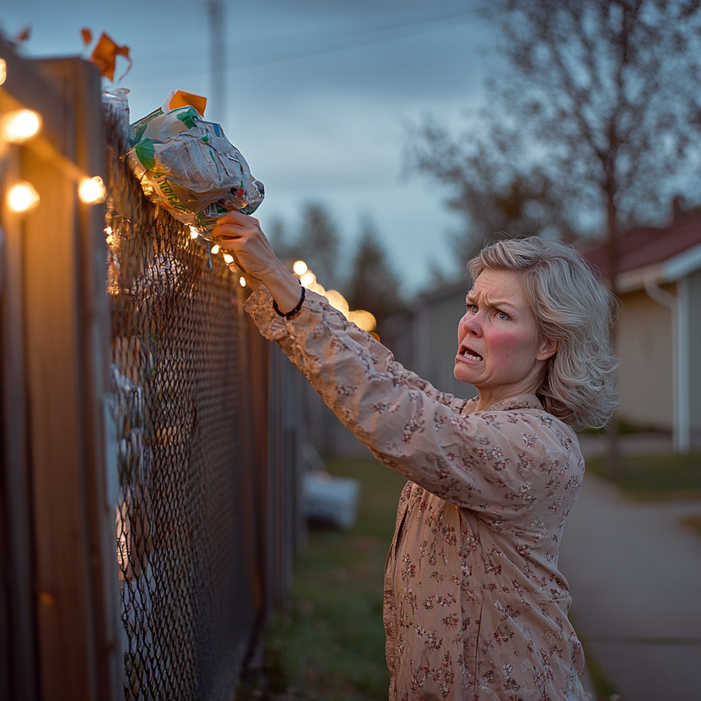 A woman trying to dispose of trash | Source: Midjourney