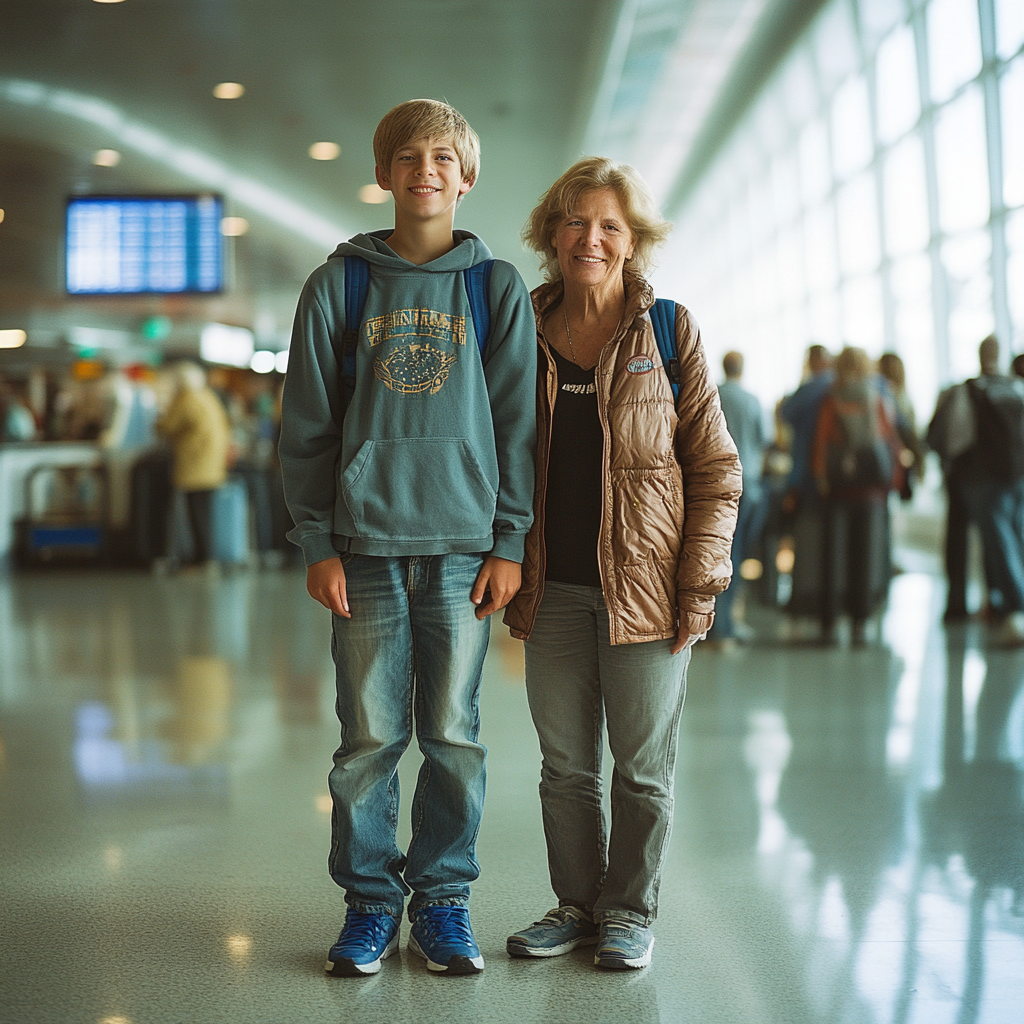 A happy teenage boy with his mother at the airport | Source: Midjourney