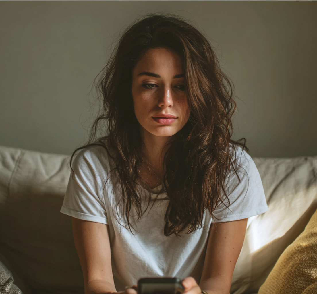 A woman sitting on a couch and holding her cellphone | Source: Midjourney