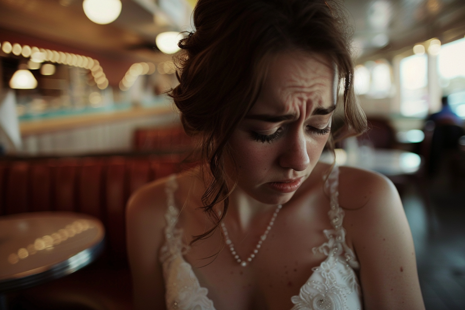 An upset bride with her eyes downcast | Source: Midjourney