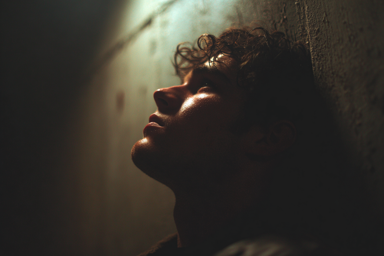 A tense man leaning his head against a wall | Source: Midjourney