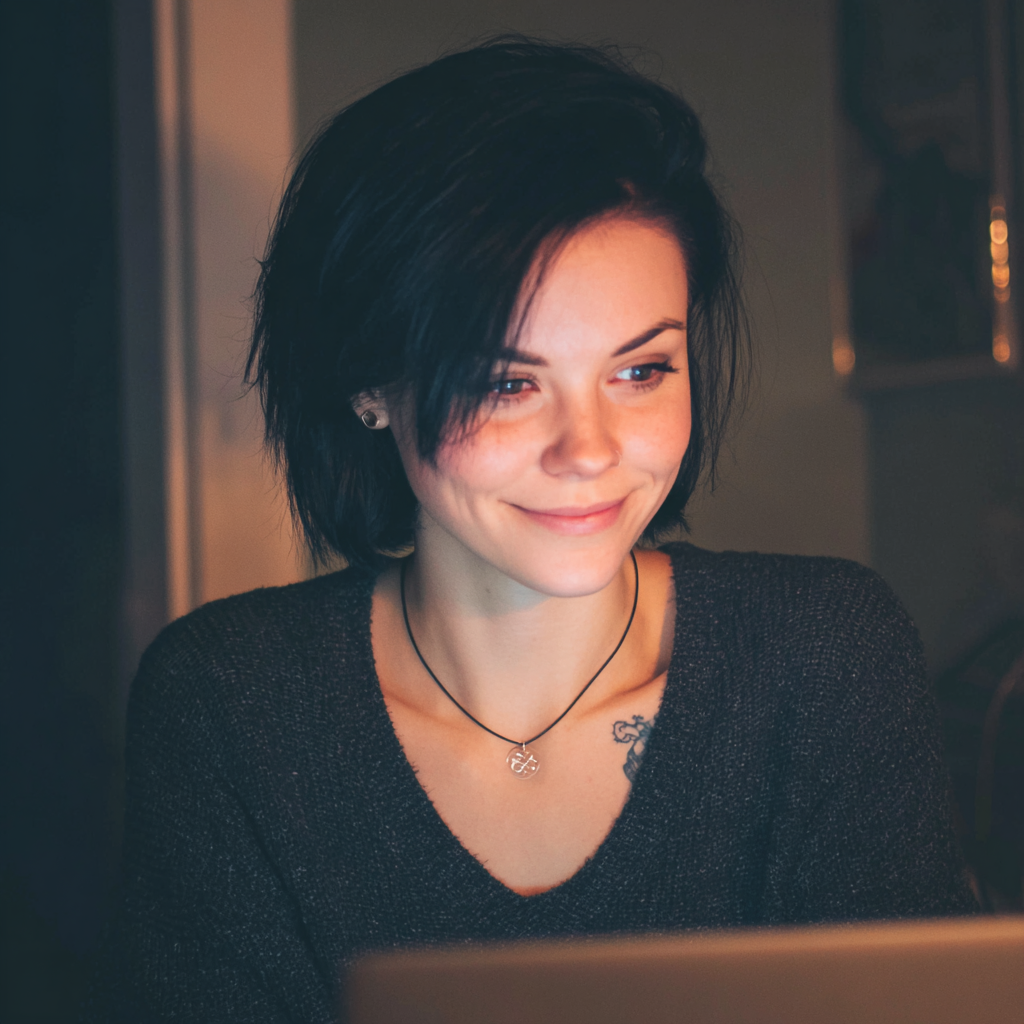 A smiling woman using her laptop | Source: Midjourney