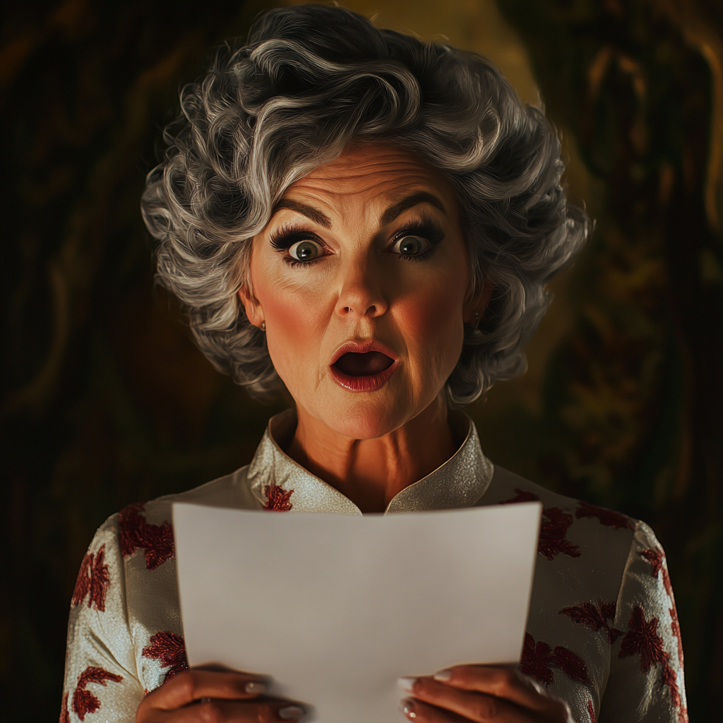 A stunned older woman holding a sheet of paper | Source: Midjourney