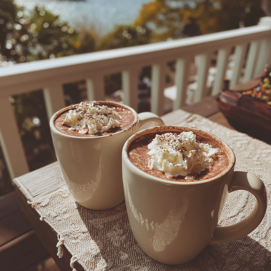 Two mugs of hot chocolate on table | Source: Midjourney