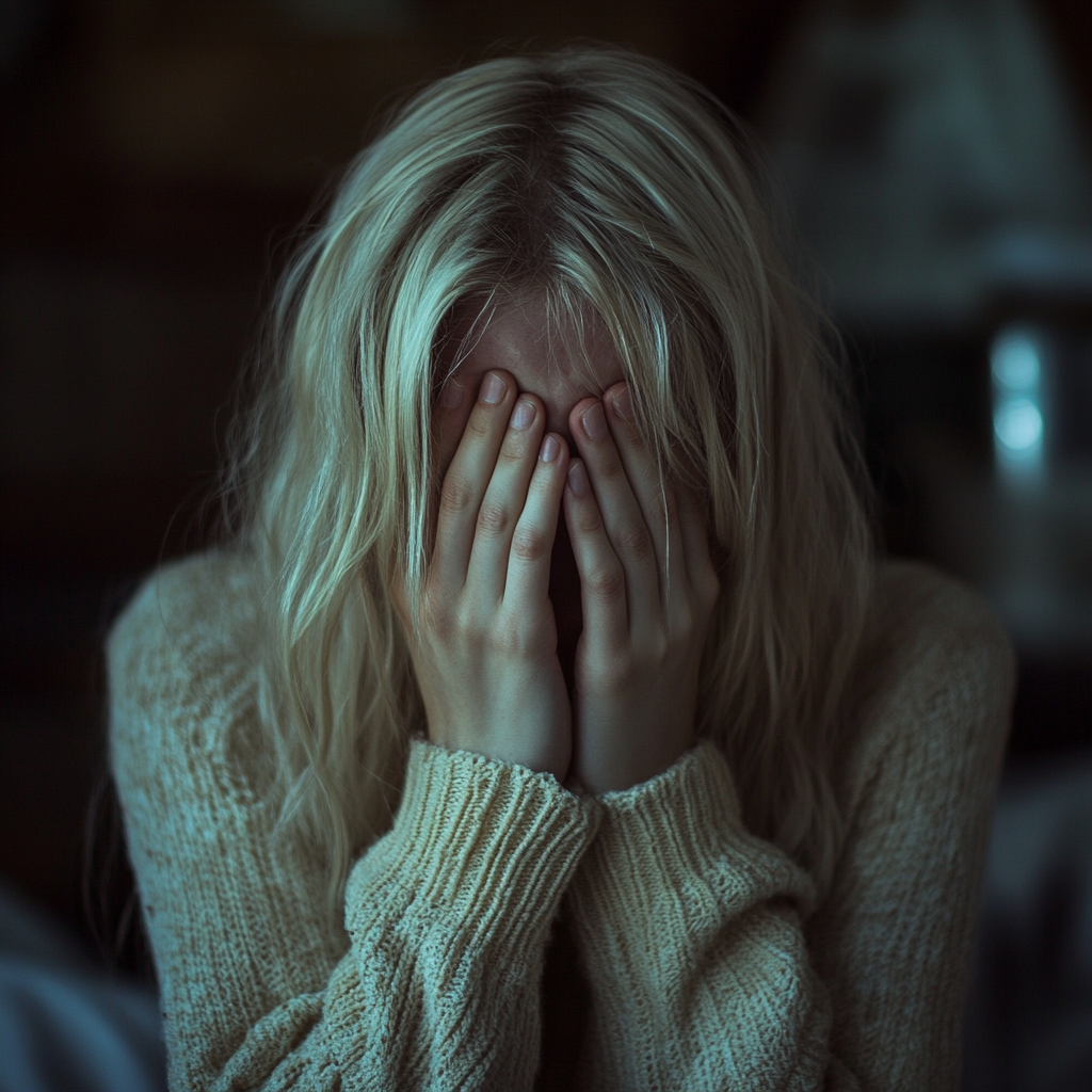 A crying girl covering her face with her hands | Source: Midjourney