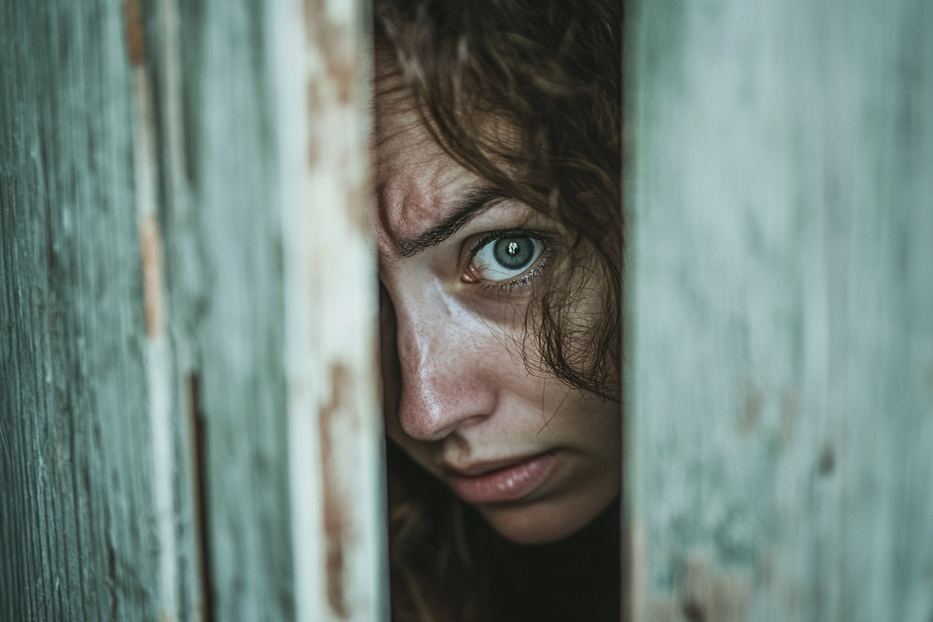 A woman peeking through a slightly open door | Source: Midjourney