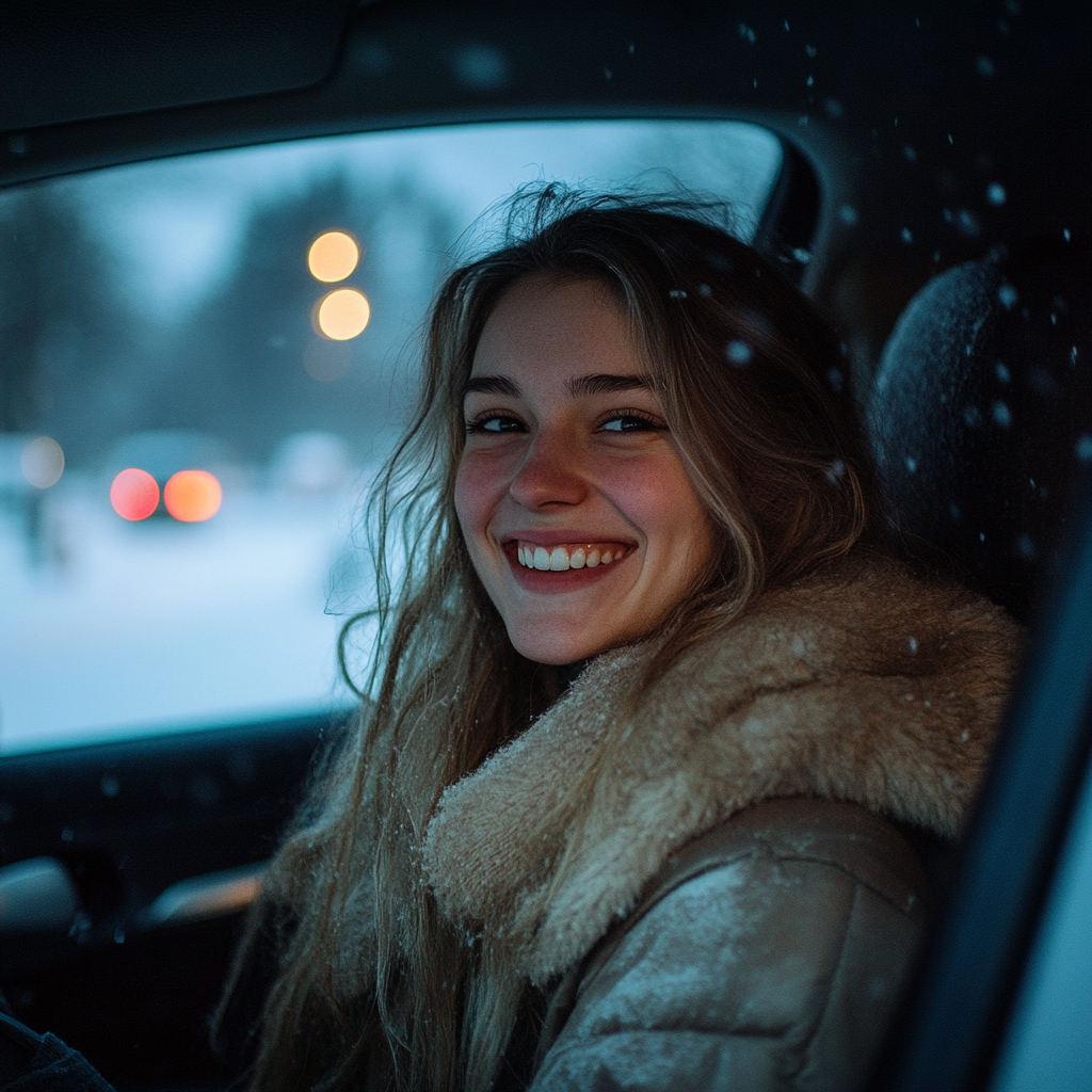 A smiling woman in a car | Source: Midjourney