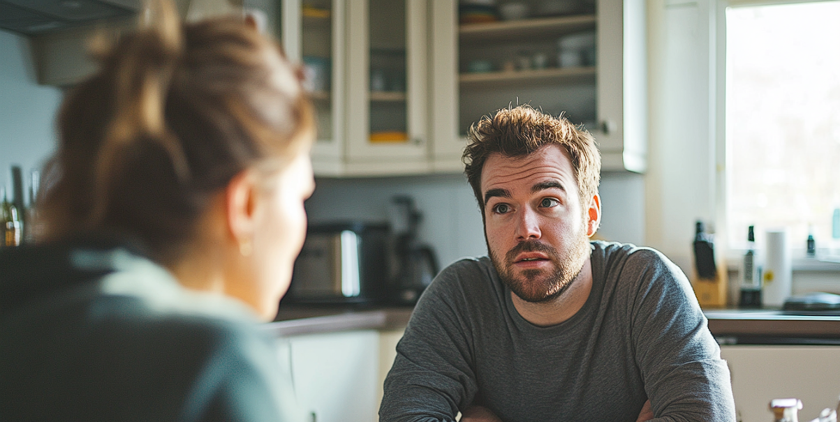 A couple having a serious conversation at the kitchen table | Source: Midjourney