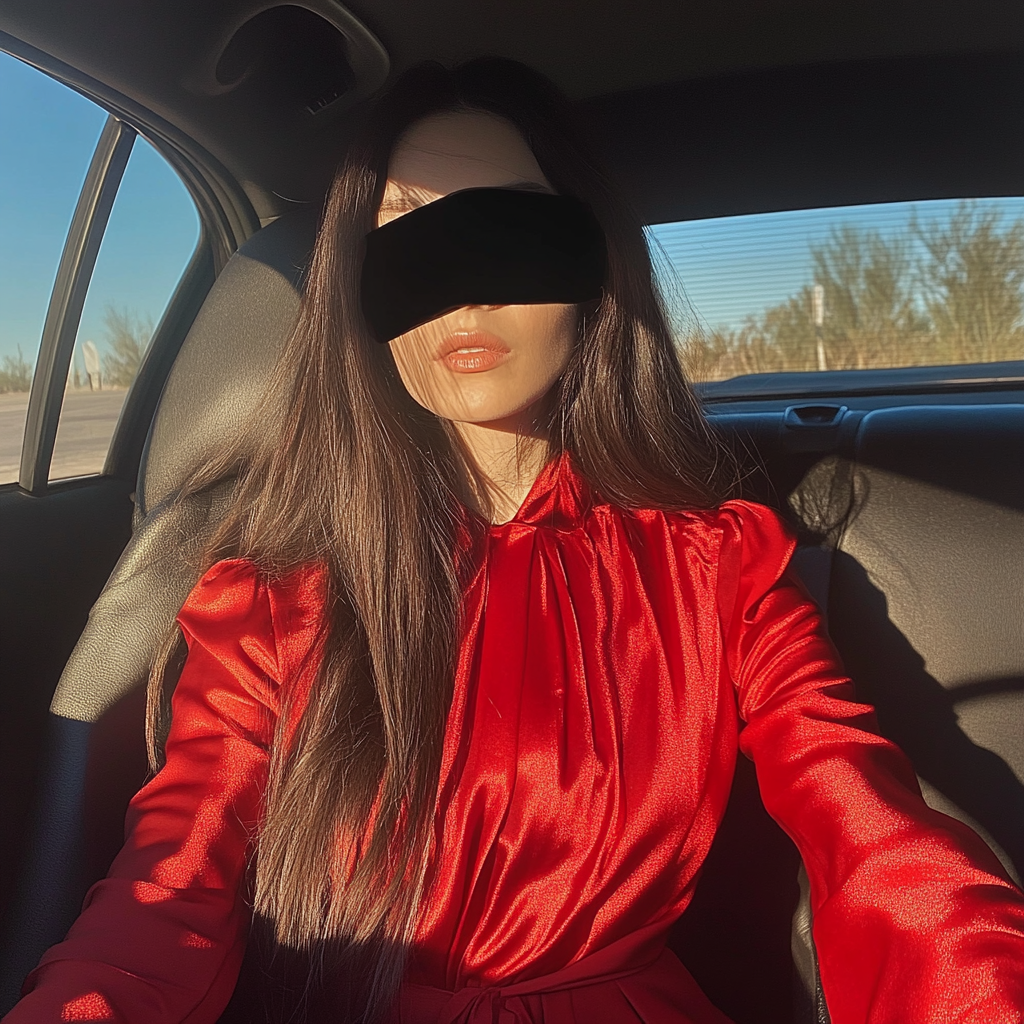 A woman sitting in a car with a black blindfold | Source: Midjourney