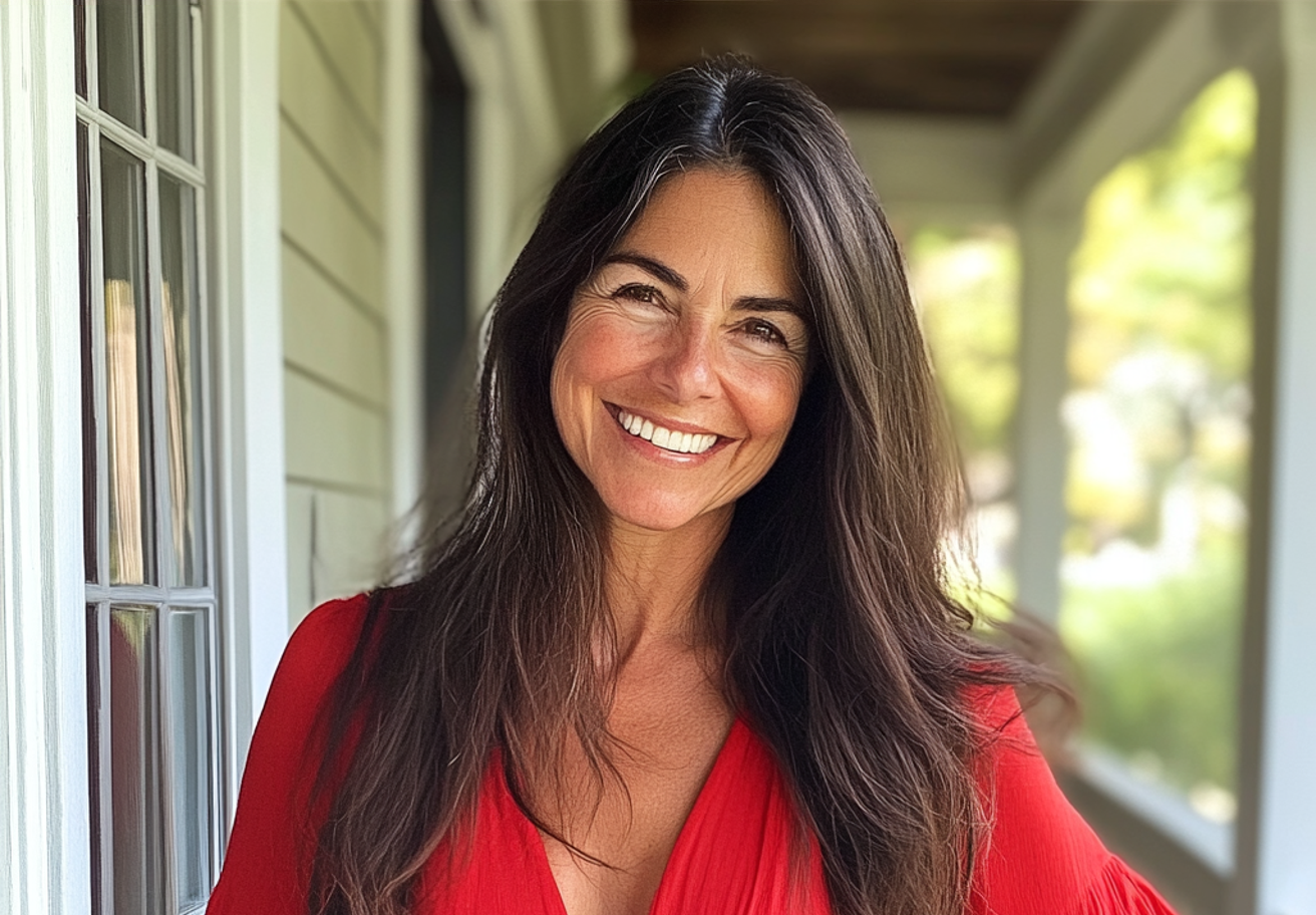A smiling woman wearing a red dress | Source: Midjourney
