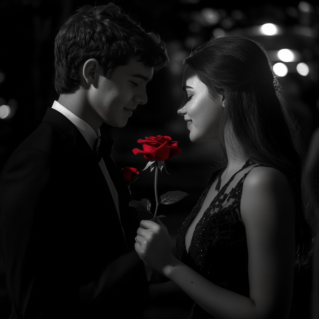 A boy giving a girl a rose | Source: Midjourney