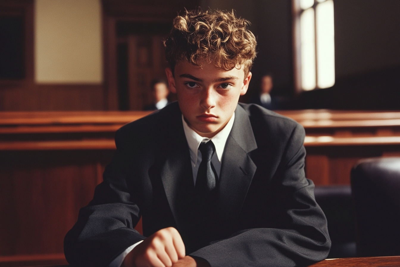 A tense young man sitting in a courtroom | Source: Midjourney