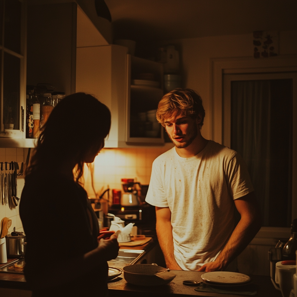 A couple talking in a kitchen | Source: Midjourney