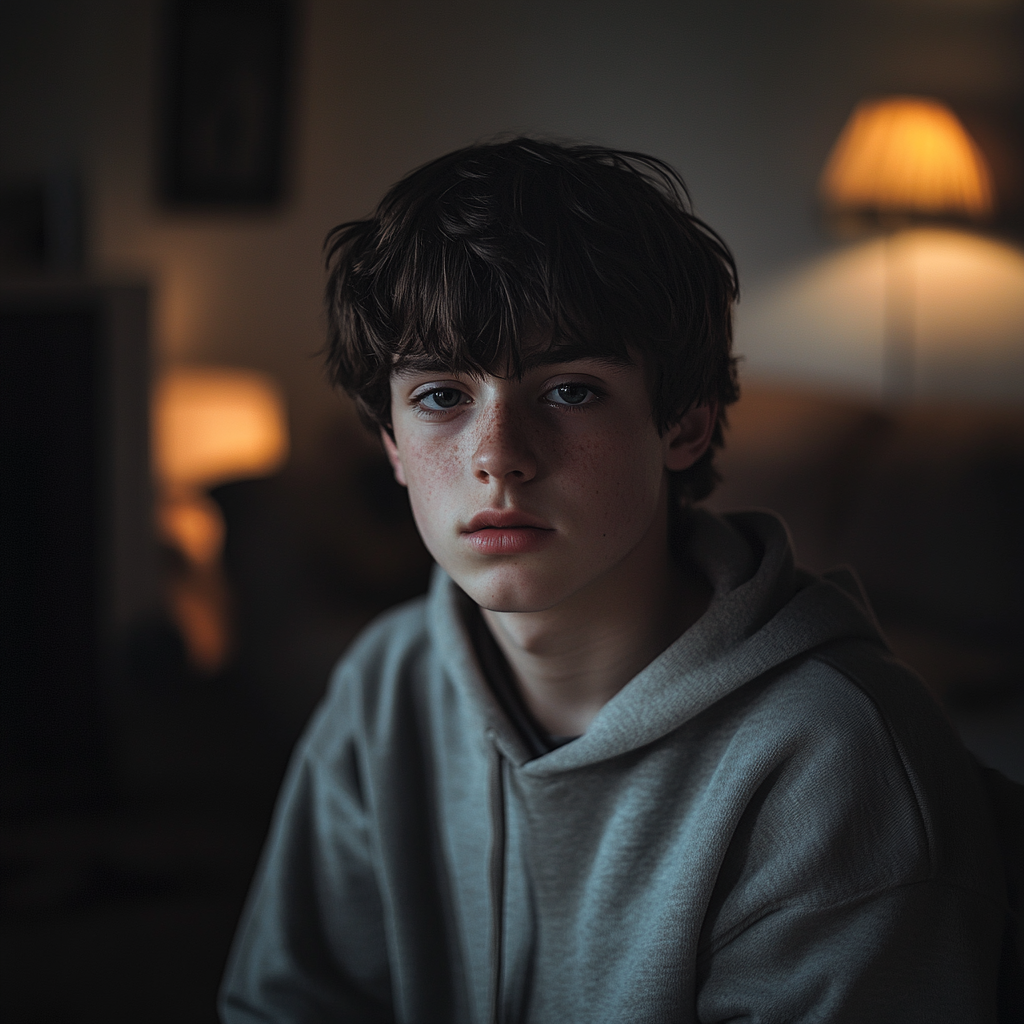 A sad boy in a living room | Source: Midjourney