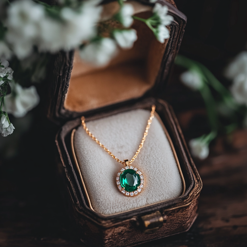 An emerald necklace lying in a box | Source: Midjourney