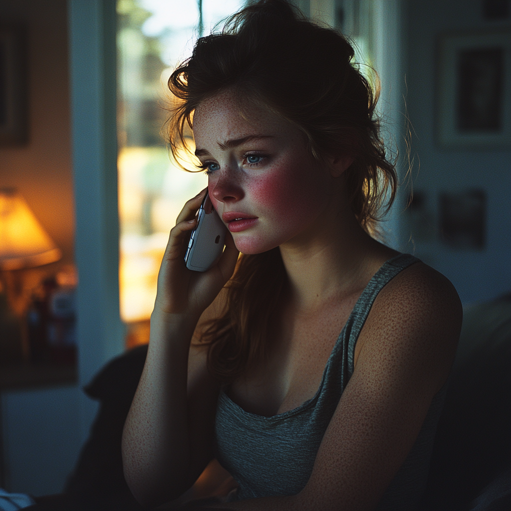 An upset woman making calls | Source: Midjourney