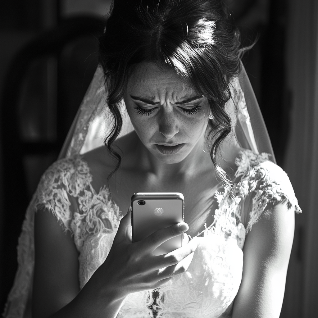A bride staring at her phone | Source: Midjourney
