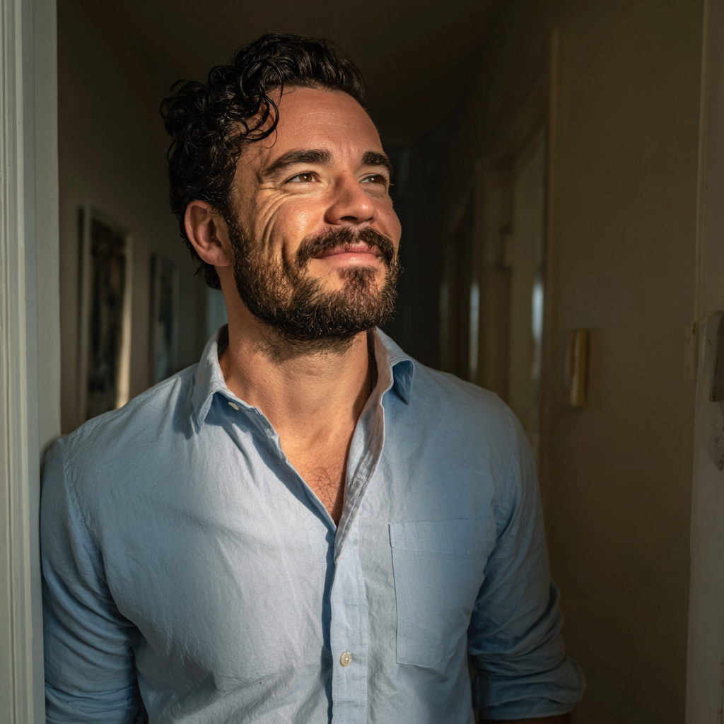 A smiling man standing in a hallway | Source: Midjourney