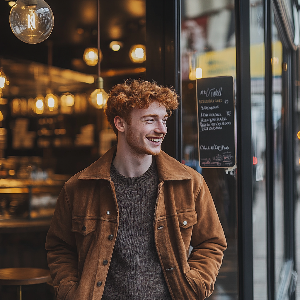 Um homem ruivo feliz entrando em um café | Fonte: Midjourney