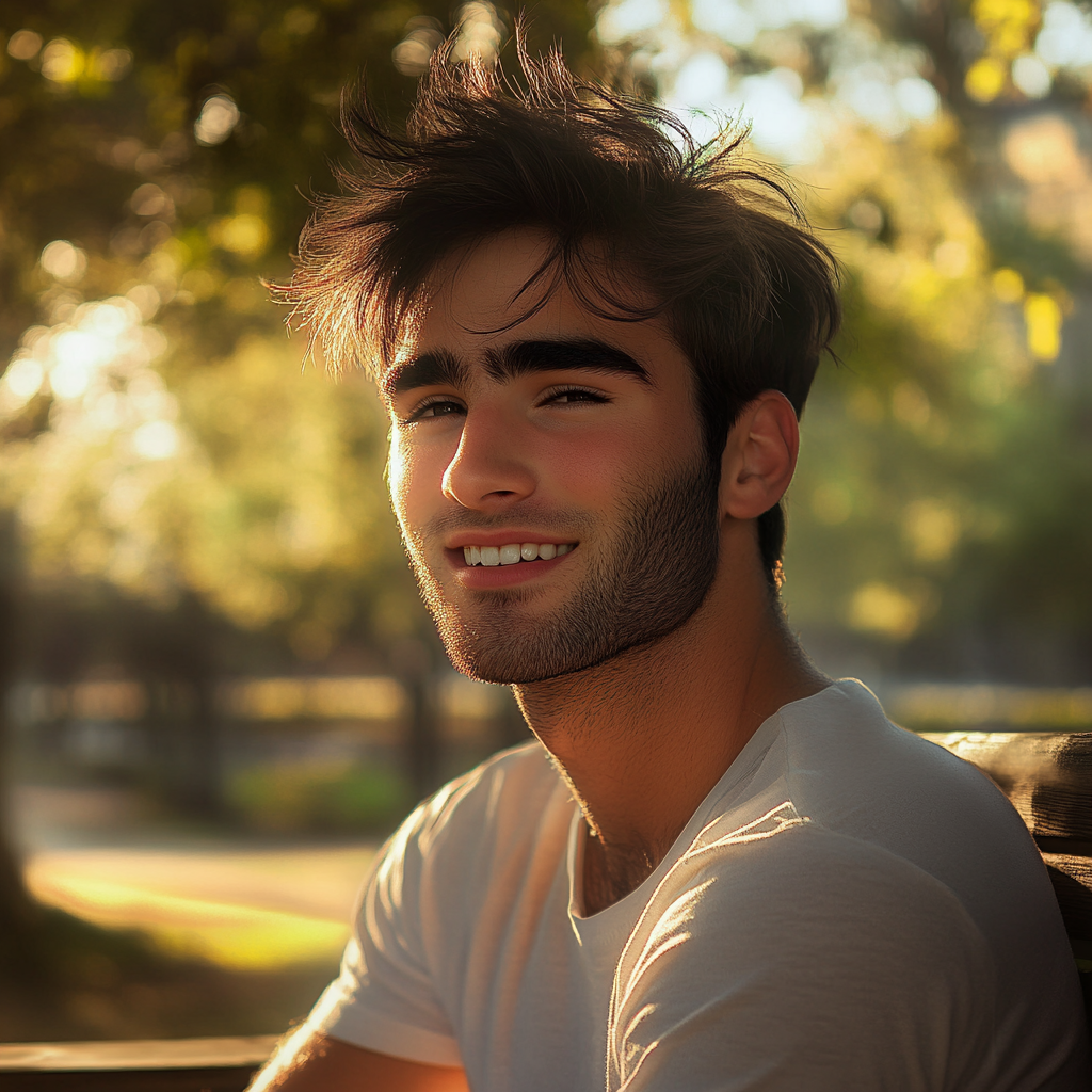 A man sitting on a wooden bench and smiling | Source: Midjourney