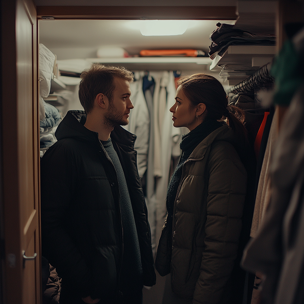 A couple having a serious talk in a walk-in closet | Source: Midjourney