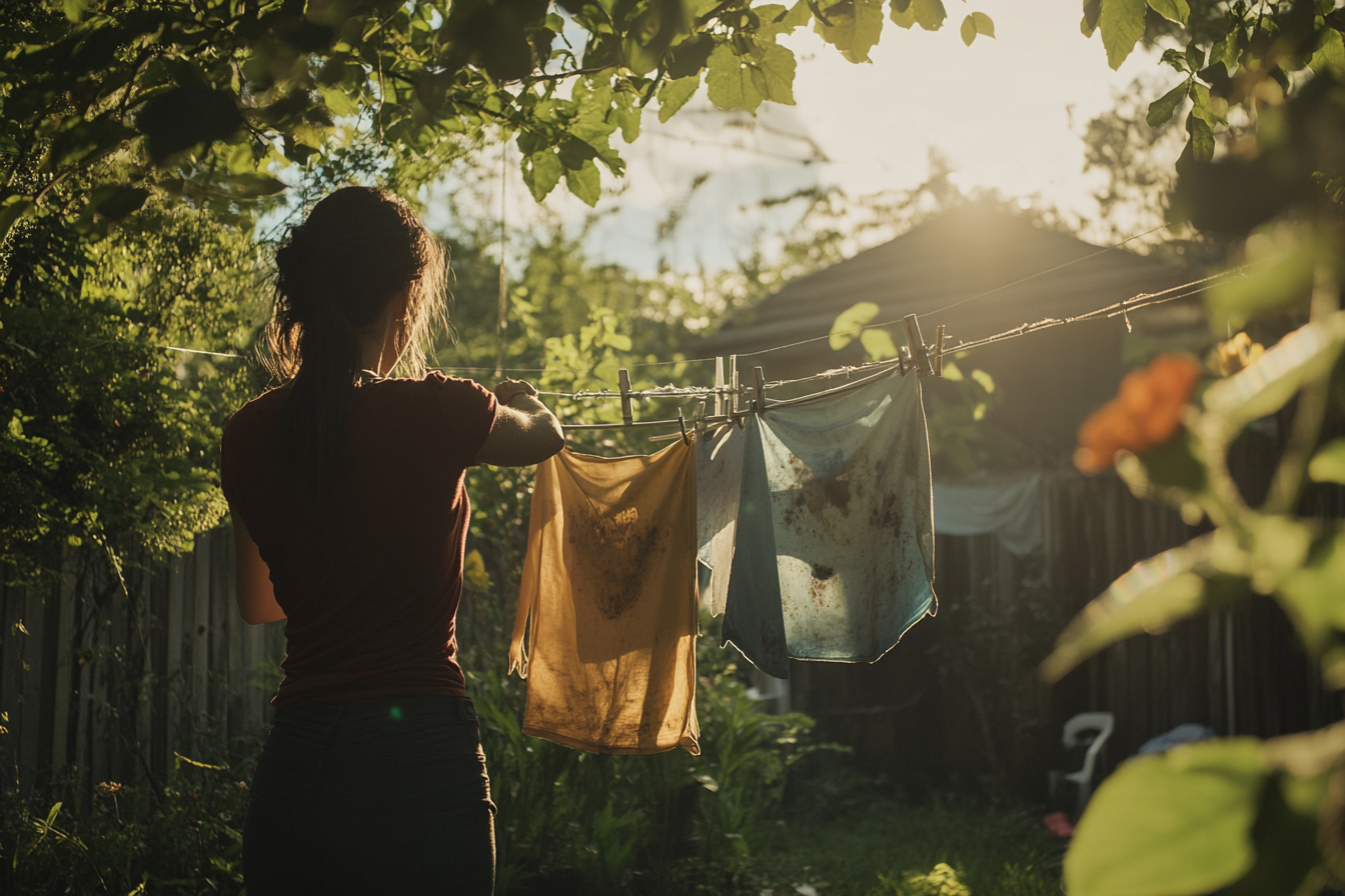 Woman hanging stained laundry | Source: Midjourney